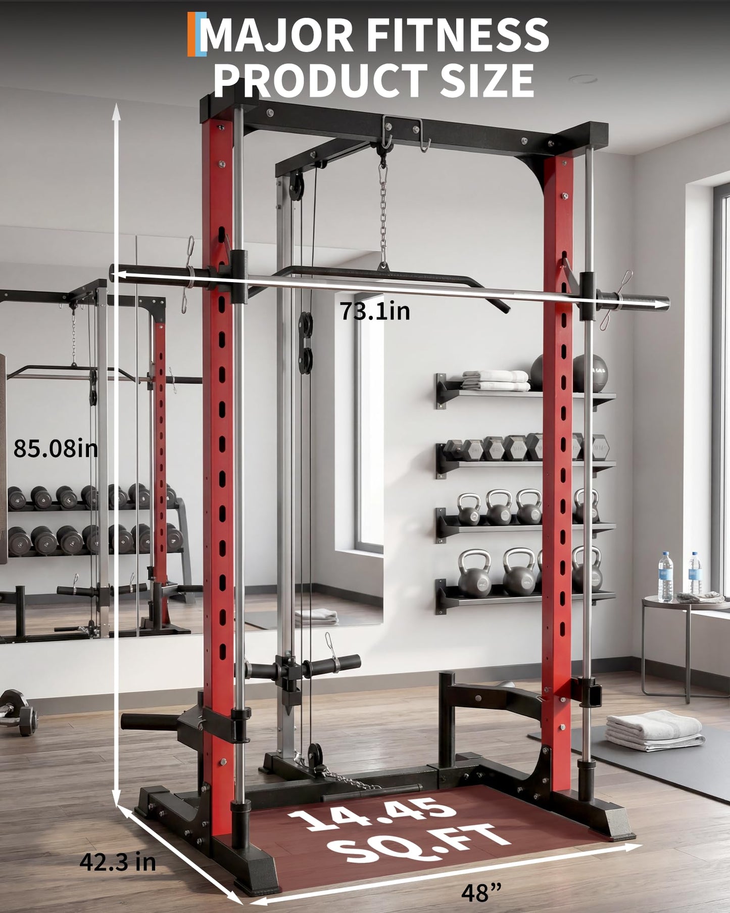 Garvee Smith Machine, 1000LBS Multi-Functional Smith Machine Home Gym, Squat Rack with LAT-Pull Down System, Power Rack with Barbell Bar, Power Cage with Attachments Full Body Training, Black/Red