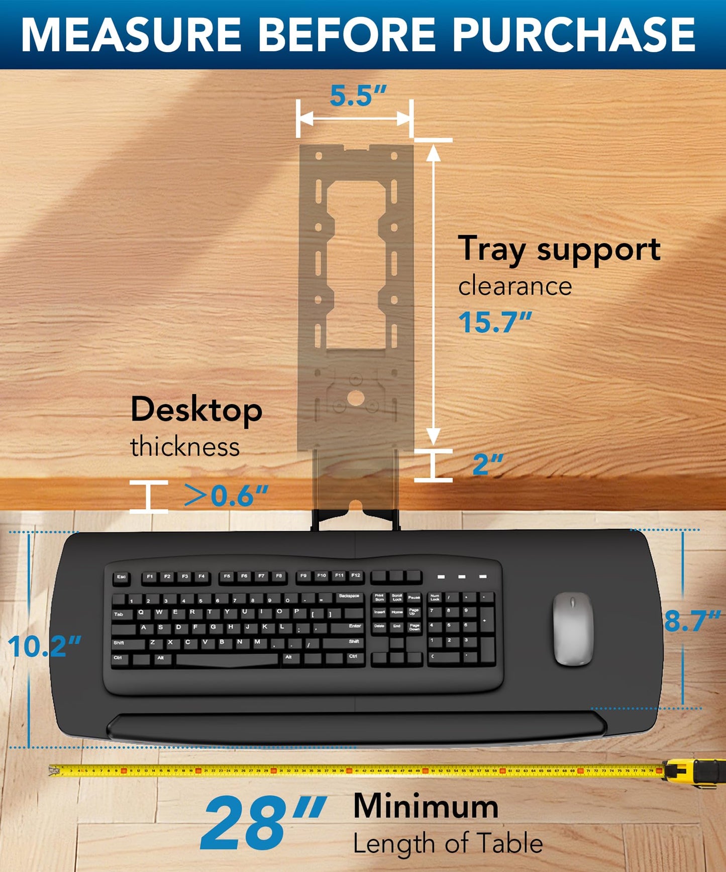 AX WABER Keyboard Tray Under Desk with Storage Drawer, Height Adjustable Keyboard Tray Slide Out 360° Swivel Tilt, Ergonomic Under Desk Mount Keyboard & Mouse Holder for Gaming Home Office, 28''x11''