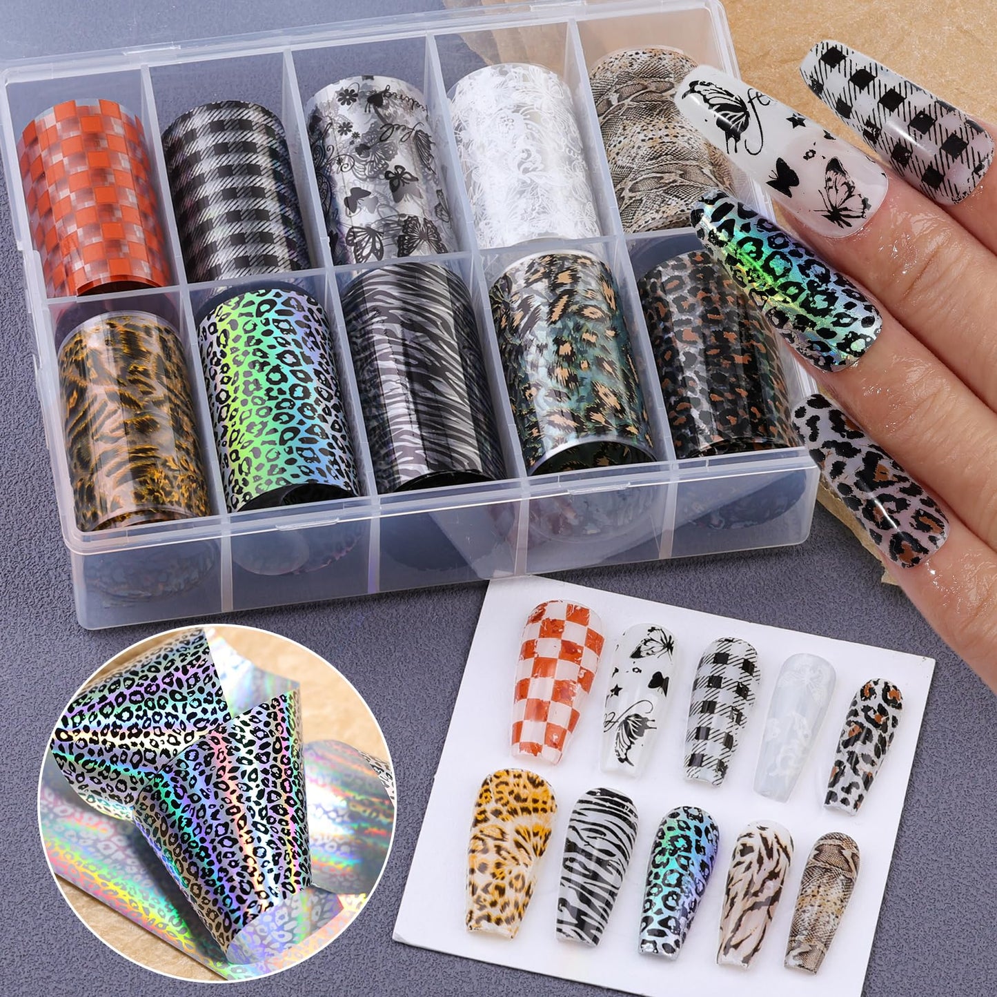 10 Rolls Nail Art Foils Transfer Stickers, Butterfly Plaid Snake Leopard Lace Nail Decals for Acrylic Gel Nails, Holographic Nail Foil Sticker Transfers Supplies for Women Manicure Tips Pegatinas Uñas
