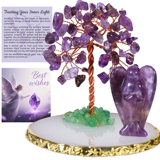 Dreamgirnh Amethyst Tree and Angel Crystals Healing Stones Statue Figurines, Cute Purple Office Desk Spiritual Decor, Teen Girl Birthday Gifts Trendy Stuff, Women Gifts for Christmas