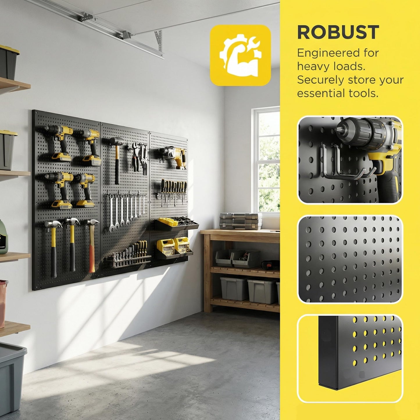 FGGHFT 3-PCS Metal Pegboard Set,36x20 inch metal wall panel kit, Peg board includes a 100-piece silver hook tool system, suitable for garages, workbenches, and sheds，Black