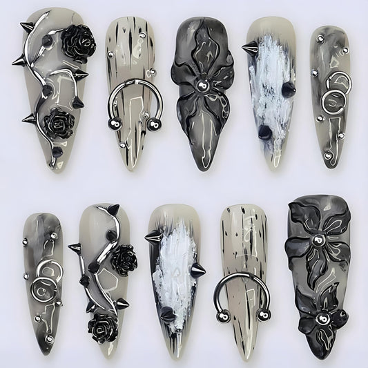 24Pcs Black Press on Nails Long Stiletto Fake Nails with Punk Rose Flower 3D Metal Rivet Steel Balls Charms Design Gothic Acrylic Nails Full Cover Glue on Nails Dark Black Y2k False Nails for Women