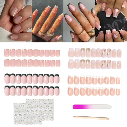 Medium Press on Nails Square French Fake Nails Full Cover Colorful Acrylic False Nails for Women and Girls 96PCS