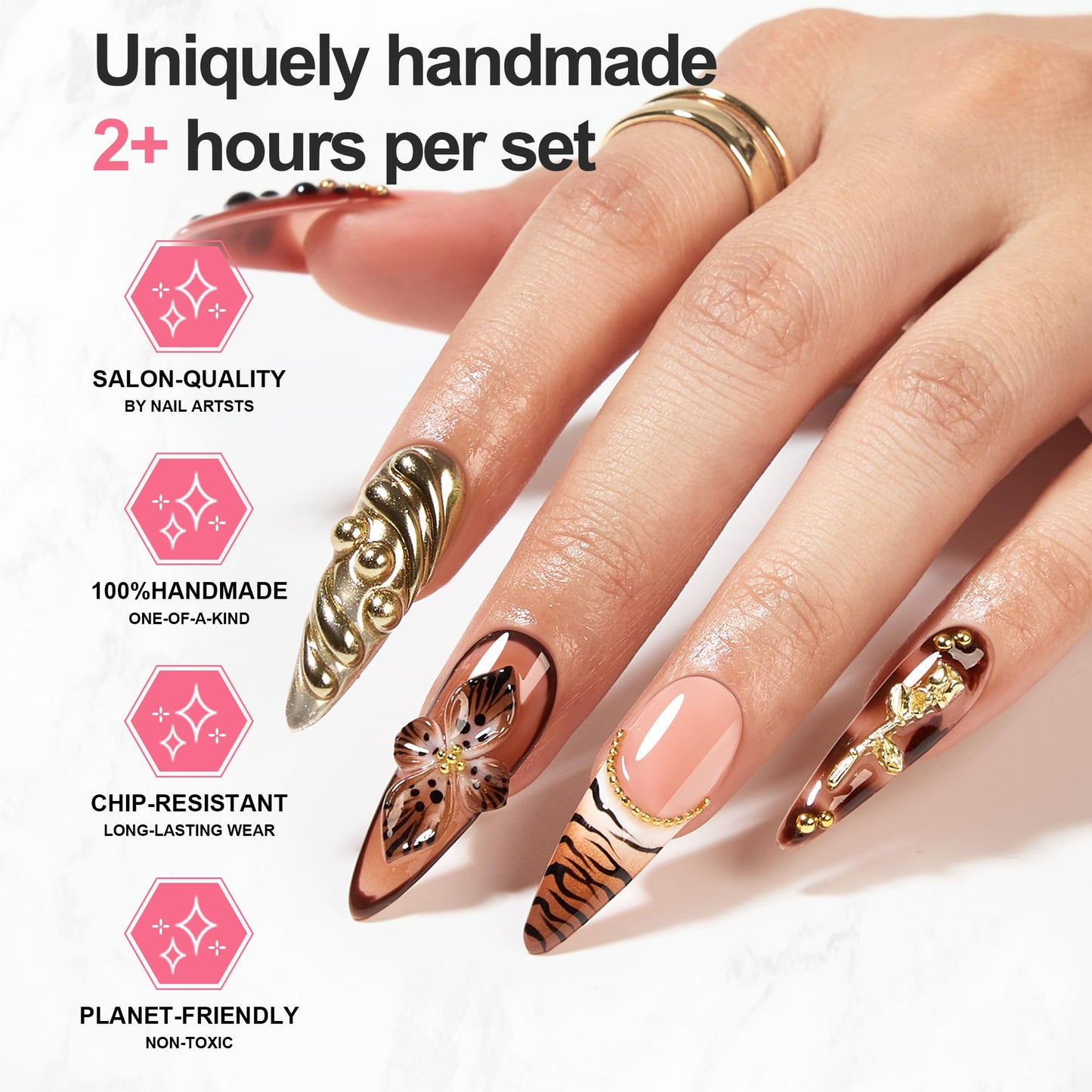 Homsera Handmade Press on Nails - Almond Stiletto Press on Nails with Flower Texture/Rhinestone/Metal Decor Reusable False Nails for Women