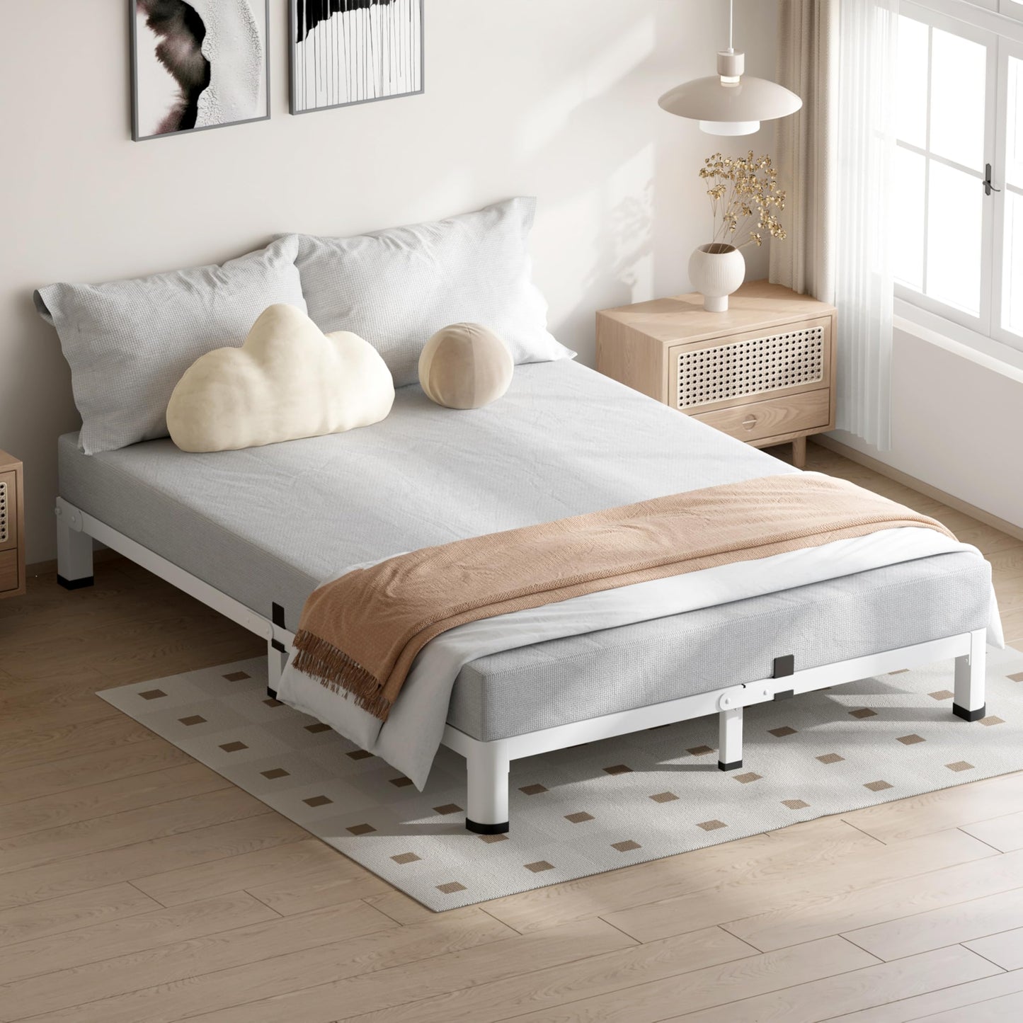 VIPSHOW 4 Inch White Queen Bed Frame, 3500Lbs Heavy Duty Metal Platform with Round Corner Legs Mattress Slide Stopper, Steel Slat Support No Box Spring Needed, Noise Free, Non-Slip, Easy Assembly