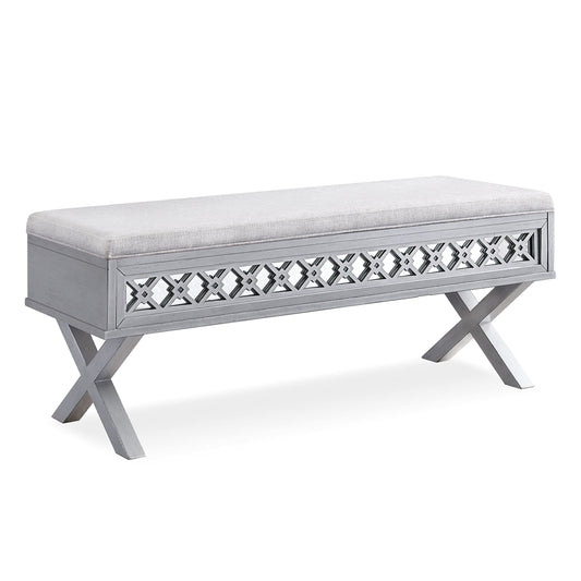 Leick Home 10142-SV Mirrored Diamond Filigree X Base Lift Top Bench with Storage for Bedroom or Foyer, Silver Leaf
