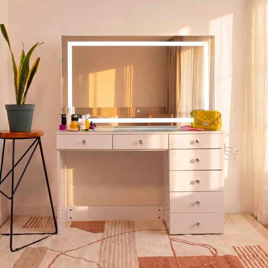 Boahaus Aria Vanity Desk with LED Mirror – 7 Drawer Makeup Station with Integrated Power & Built-in Speakers