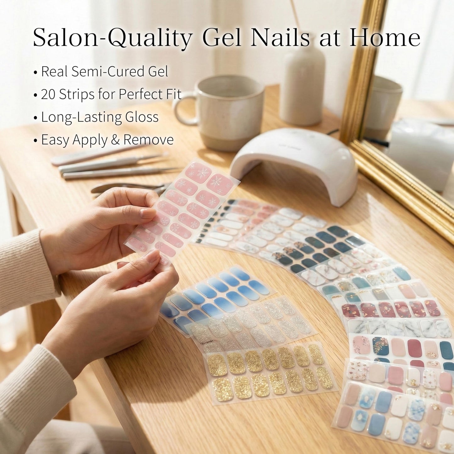 Sun&Beam Nails Nail Stickers 20pcs | UV-Cured Hard-Type Full Cover Nail Strips（#001 Crystal Snow）