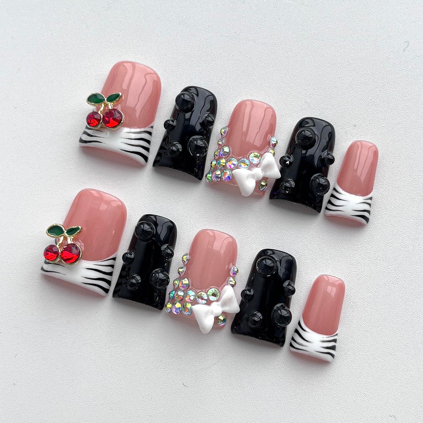 French Tip Press on Nails Handmade Short Duck 3D Thick Acrylic Nails Black&White False Nails with Bow Cherry Rhinestones Butterfly Zebra Print Designs Cute Fake Nail Sturdy Art Press on Nail 10Pcs(S)