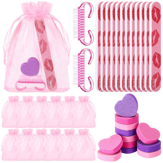 Lasnten 12 Set Nail Care Kit for Women Include Double Nail Files Heart Shape Buffer Block Pink Mini Brush Gift Tag and Organza Bags for Women Mother Girlfriend Galentine Gift