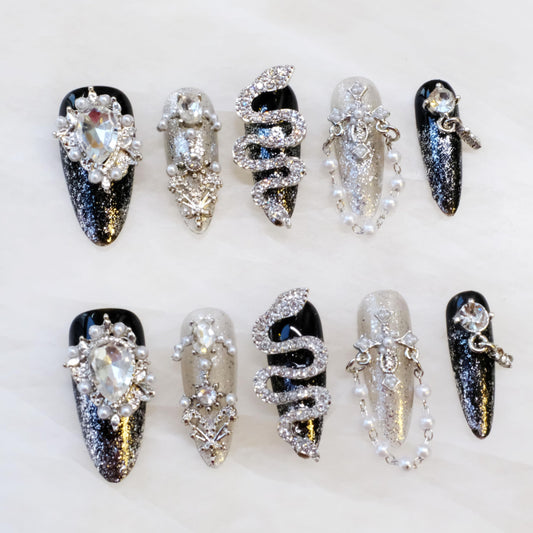 GLORS Luxury Long Almond Press-On Nails, Black and Silver Glitter with 3D Rhinestones and Pearl Accents, Handmade False Nail 10 Pieces (Small, LS)