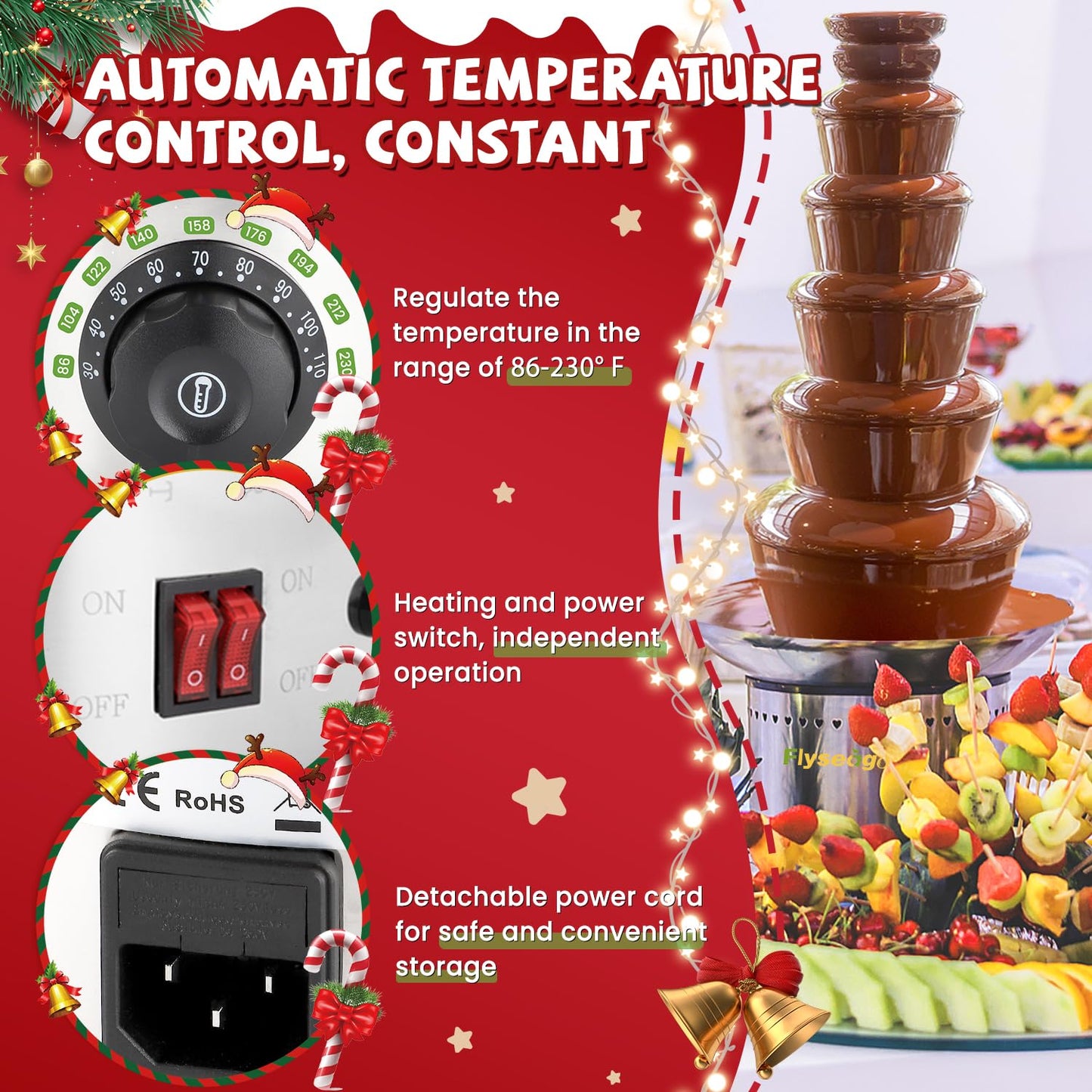Flyseago Commercial Chocolate Fountain 6 Layers 19Lbs Large Chocolate Fondue Tower Stainless Steel Hot Chocolate Waterfall for Nacho Cheese Knob Control
