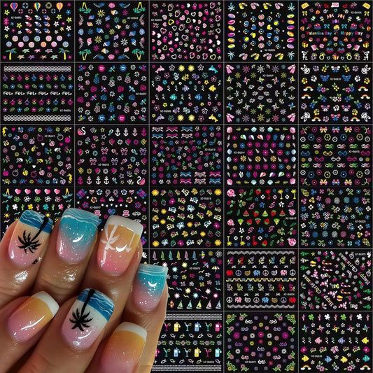 30 Sheets Summer Nail Stickers for Nail Art Beach 3D Self-Adhesive Sea Wave Nail Decals Flower Butterfly Design Watermelon Nail Art for Women DIY Manicure Decorations Supplies