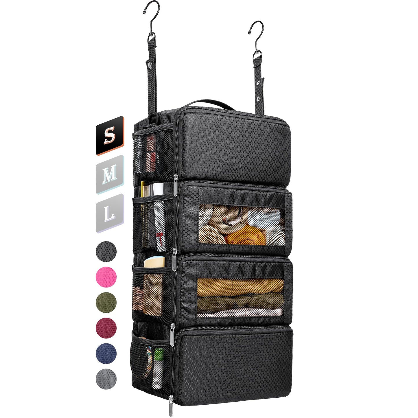 Suitcase Organizer, Travel Luggage Organizer Hanging Shelves Packing Cube Closet/Collapsible Portable Travel Organizer for Carry-on, Small, Black