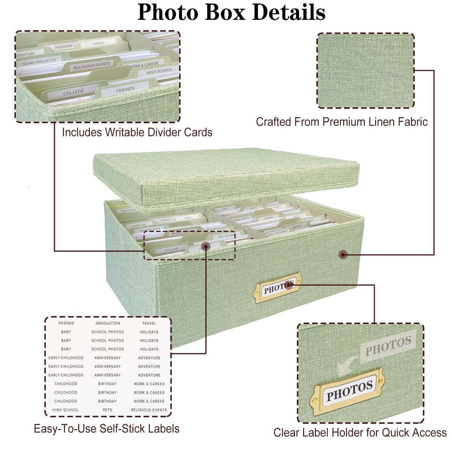 Sprsthai Linen Photo Storage Box – Holds 1700 Photos, 24 Adjustable Dividers & 72 Labels Multi-Use Organizer for Photos, Envelopes, Recipes Beige