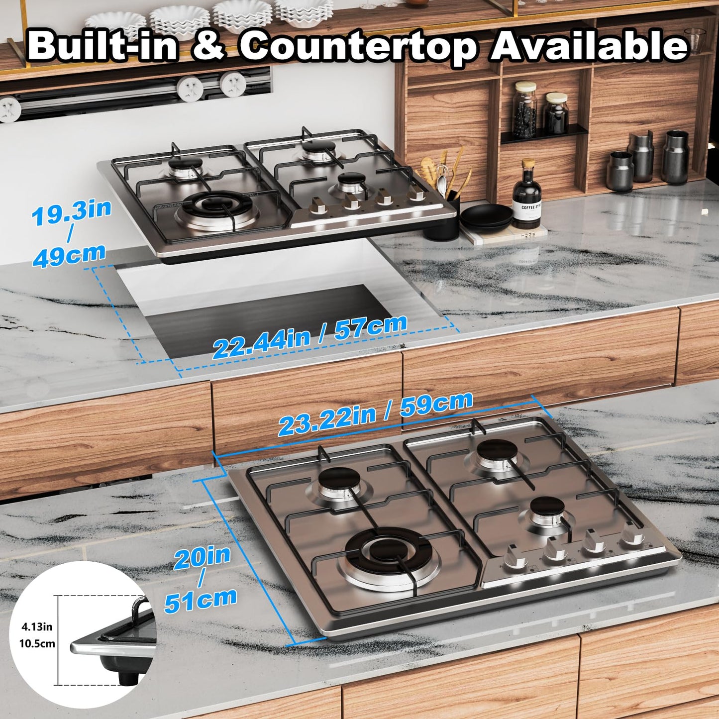 Borrallio Gas Cooktops 23x20 Inch, Built-in Stainless Steel 4 Burner Gas Stove, NG/LPG Dual Fuel Propane Gas Cooktop with Thermocouple Protection for Apartment, Kitchen, Indoor,110V,Plug in