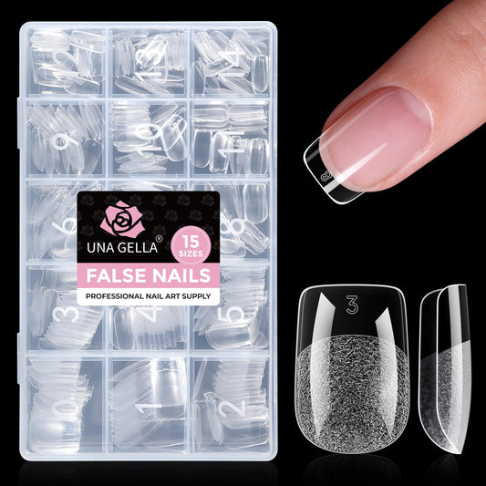 UNA GELLA Gel Nail Tips Square Short, 15 Sizes Short Square Press on Nails, Pre Etched 300pcs Soft Gel Fake Nails Full Cover For Nail Extension Home DIY Salon for Flat & Curved Nail Beds