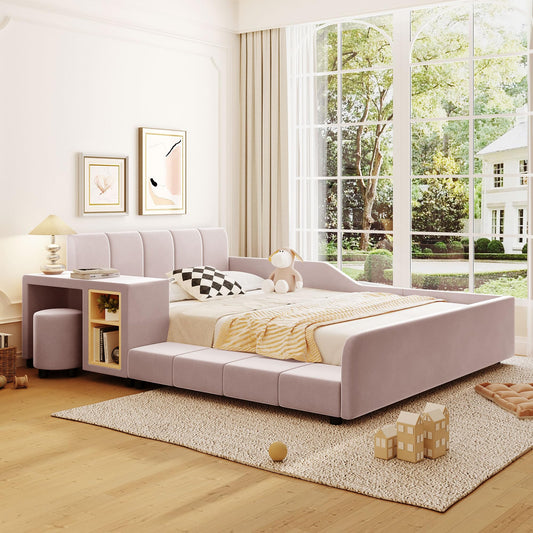 Merax Full Size Velvet Bed Frames Upholstered Grounded Bed, Wooden Mother & Child Bed with Bedside Desk and Little Round Stool,Kids Adults Bedroom Floor Platform Bed,Pink