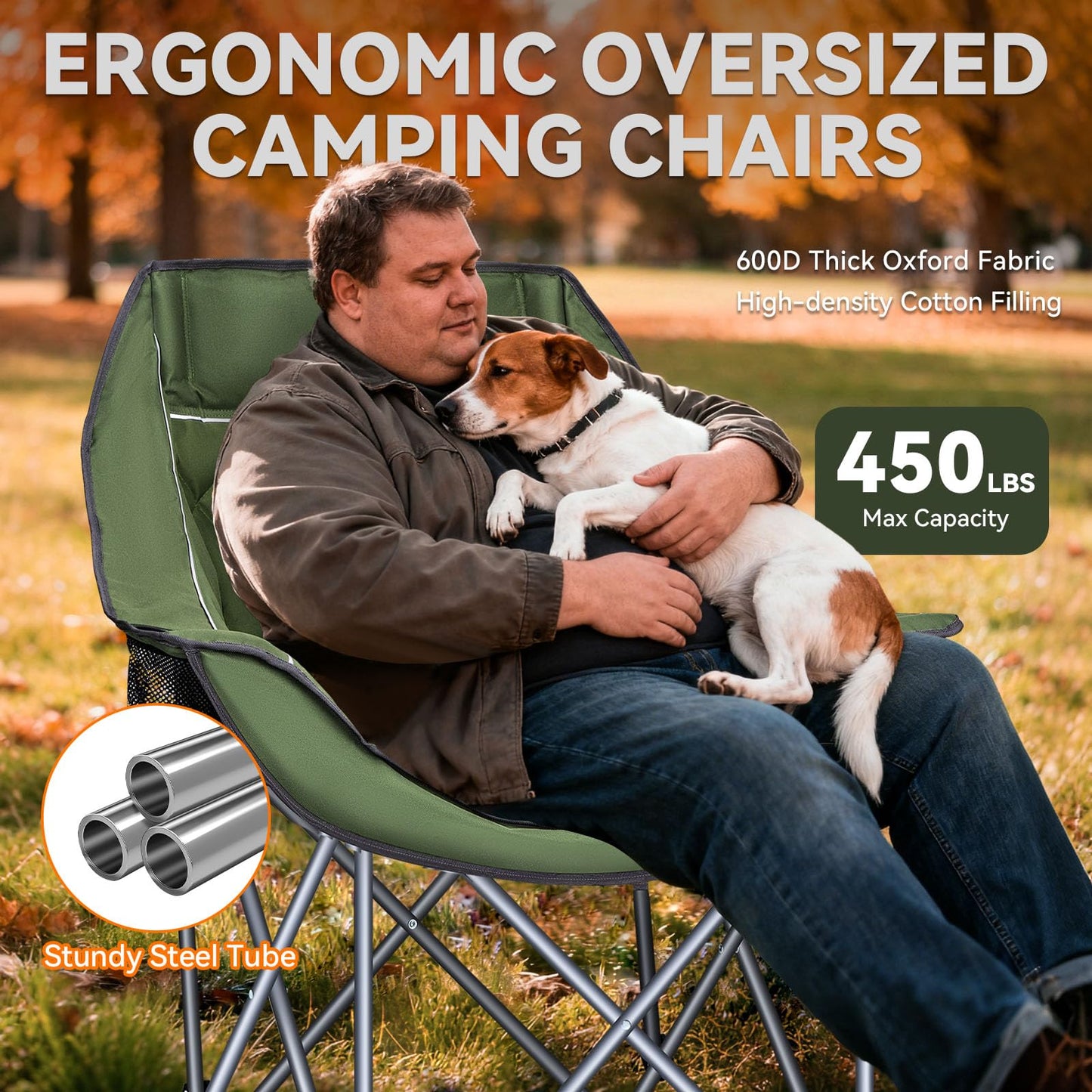 Heated Oversized Camping Chair for Adults Portable Folding Padded Chair with 3 Heat Levels Cup Holder Side Pocket and Carry Bag for Camping Outdoor Sports Picnic Green 2 Pack Set Supports up to 450lbs