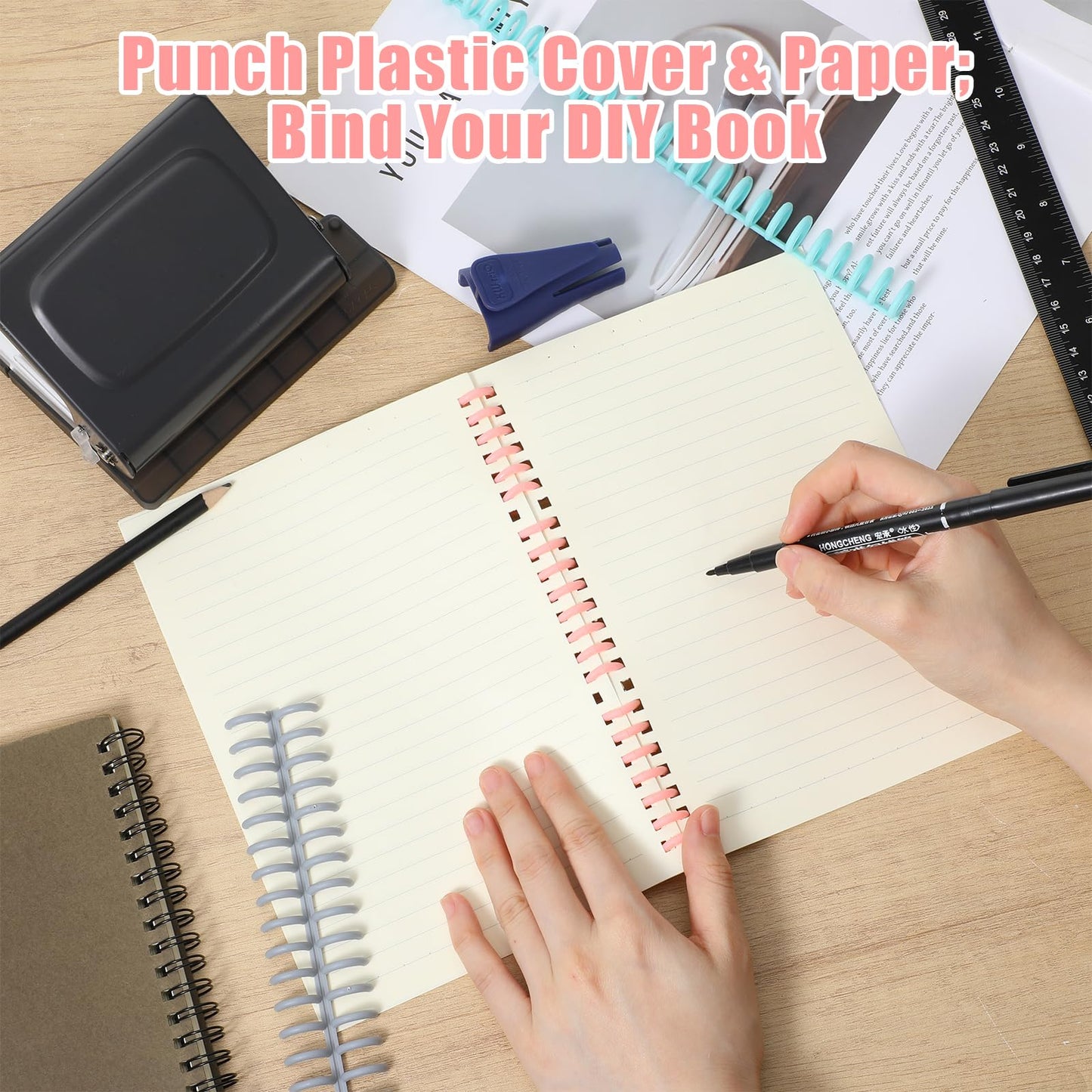 PercyEffie Grey 10-Hole Binding Machine for Planner with 20pcs Comb Binding Spines, Plastic Spiral Bindings Coils，30 Holes on A4,20 Holes on A5,26 Hole on B5,10 Sheet Capacity
