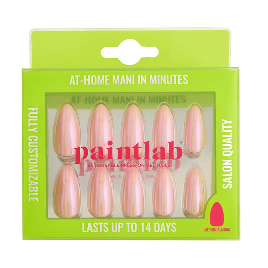 PaintLab Press On Nails - Cotton Candy Pink Chrome Almond Fake Nails, 30 Nails in 15 Sizes with Glue, Reusable Salon Quality Press On Nails