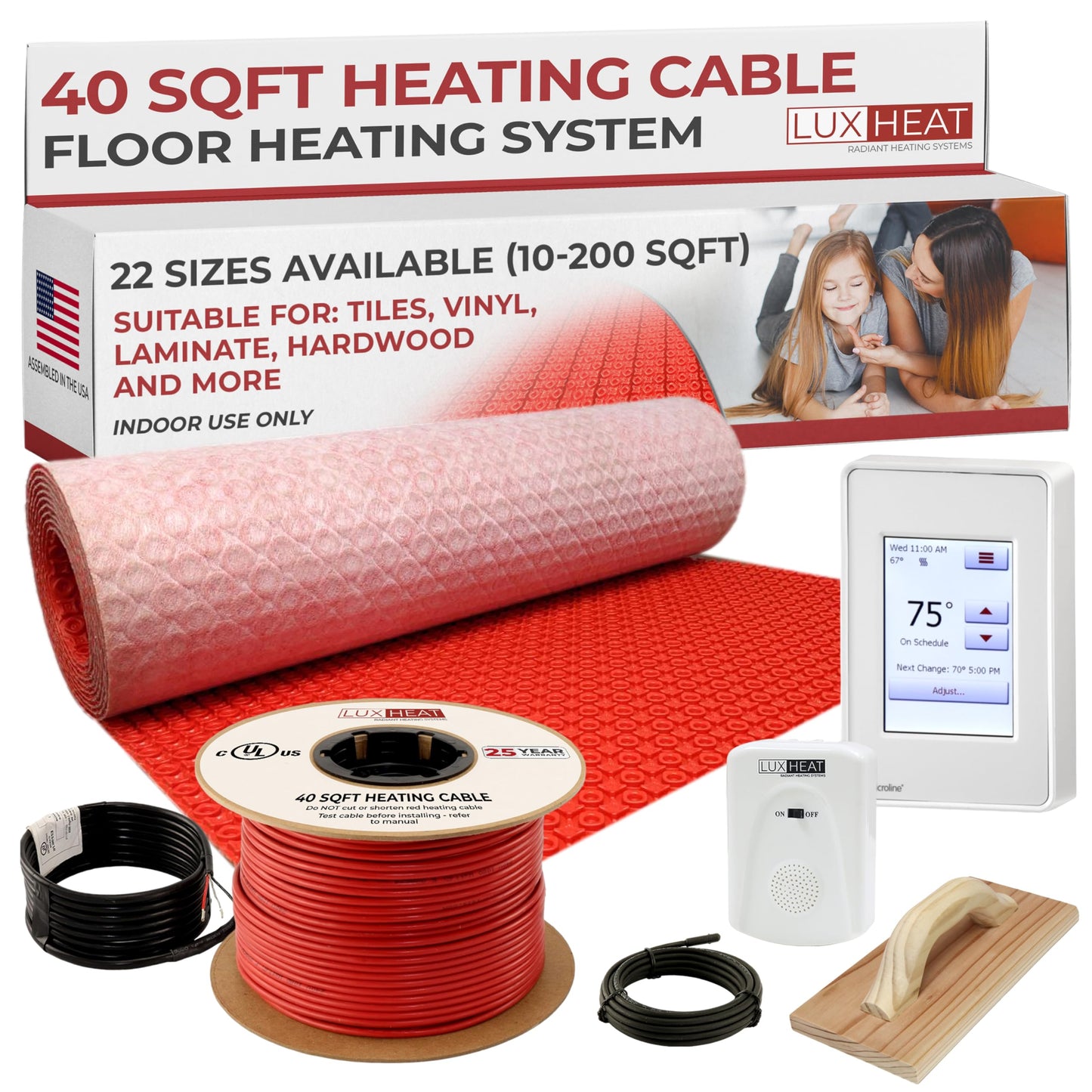 LuxHeat 40sqft Electric Radiant Floor Heating System - 120v Underfloor Heating System - Includes UDG4 Programmable Thermostat w/GFCI, Heat Cable, Uncoupling Membrane for Under Tile, Sensor & Alarm
