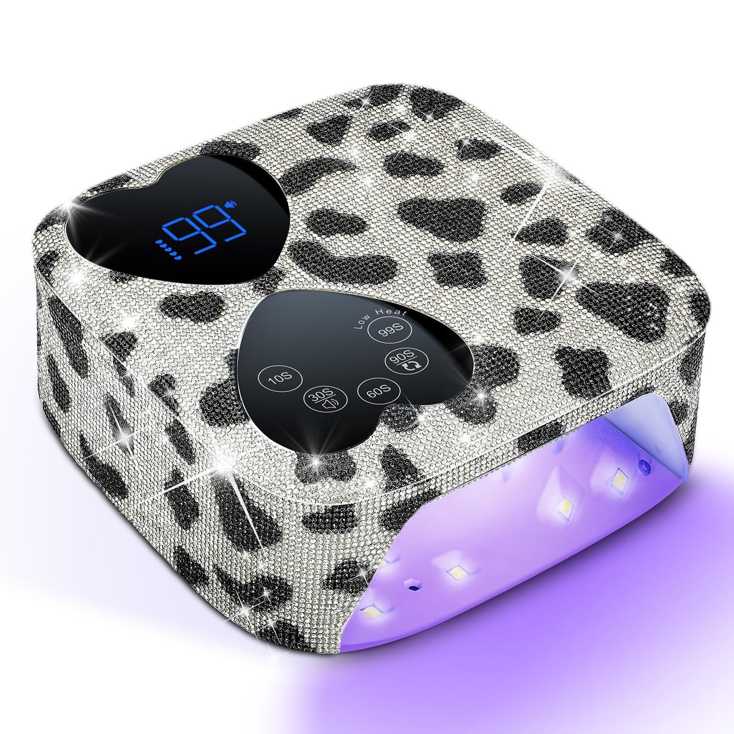 UV LED Nail Lamp Cordless, HUITINE 80W Rechargeable UV Light for Gel Nails with 5 Timers & Mirror Base, Professional Gel Light Dryer, Sparkling Rhinestones Curing Lamp for Salon & Home (Cow Diamond)