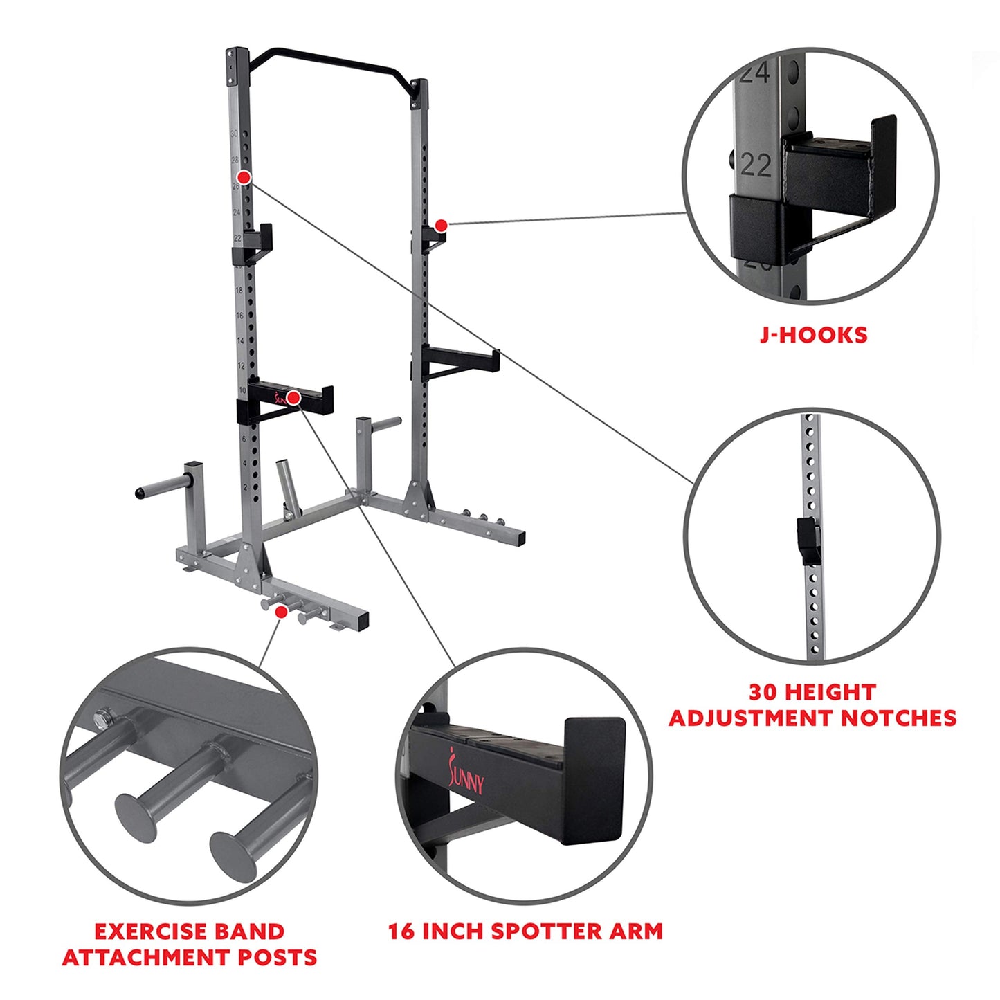 Sunny Health & Fitness Power and Squat Rack with High Weight Capacity, Olympic Weight Plate Storage and 360° Swivel Landmine and Power Band Attachment