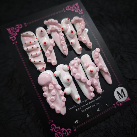10Pcs(1Pack) Handmade Press On Nails Long Oval 30mm Blush Abyss Pink White Red 3D Eyeball Gothic Artistic Glossy Bold Design for Women Party Holiday Photo Wedding Size M