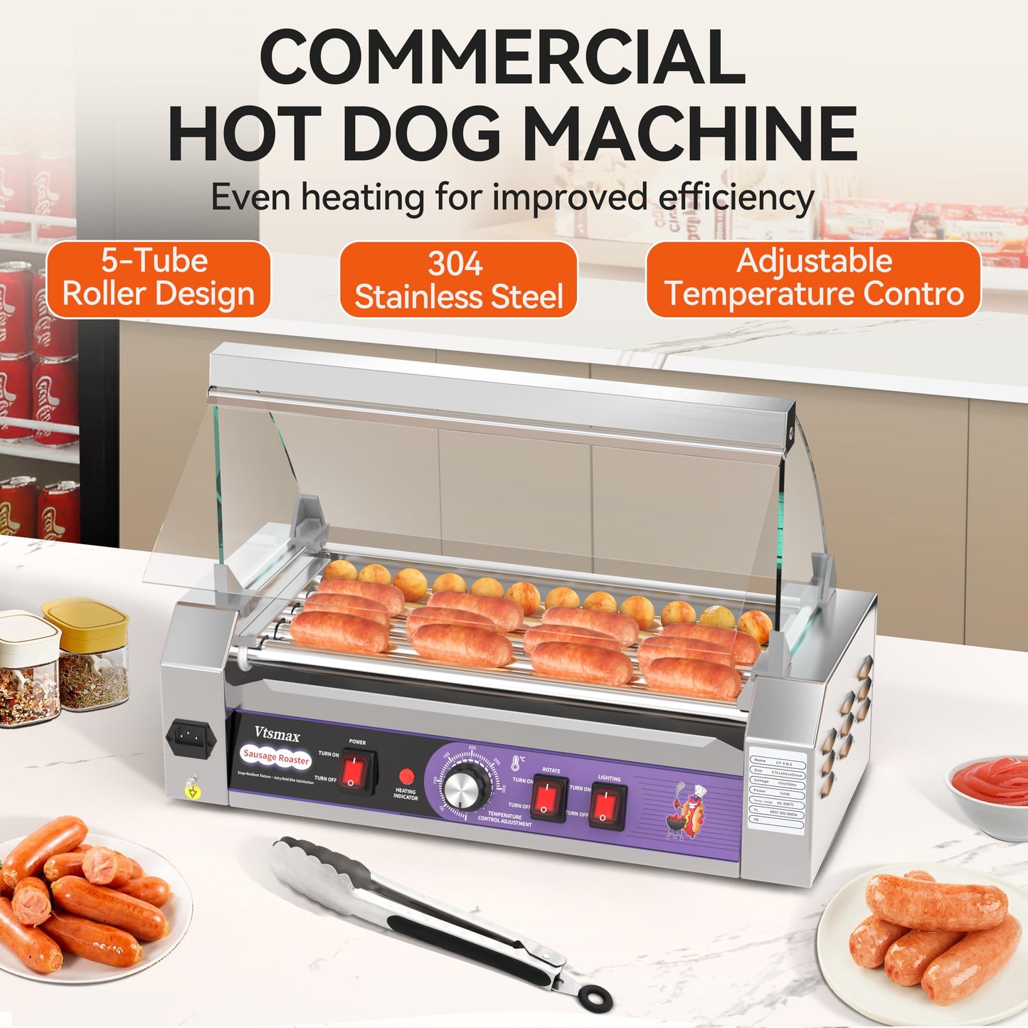 Commercial Hot Dog Roller 5 Rollers, 304 Stainless Steel, 12 Hot Dogs Capacity, 760W Fast Heating, Removable Oil Drip Tray, for Party, Home & Food Truck
