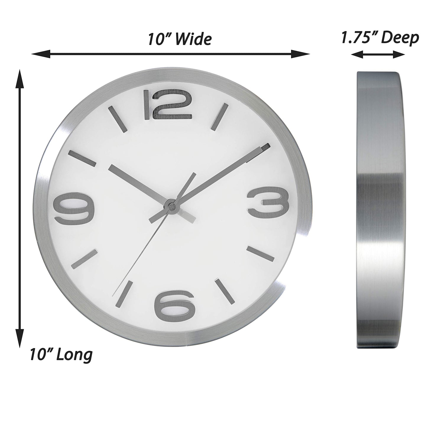 Bernhard Products Modern Wall Clock 10 Inch Silver Silent Non Ticking Battery Operated Round Elegant Metal Quality Quartz for Kitchen Home Office Clock with 3D Numbers, Easy to Read