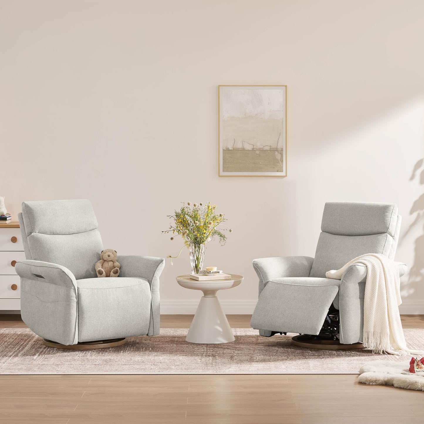 CHITA Power Recliner Chair, Electric Triple-Motor Swivel Glider Nursery Rocking Chair with Adjustable Power Headrest and Lumbar Support, GREENGARD Gold Certified, Solid Wood Base, Crockery Grey