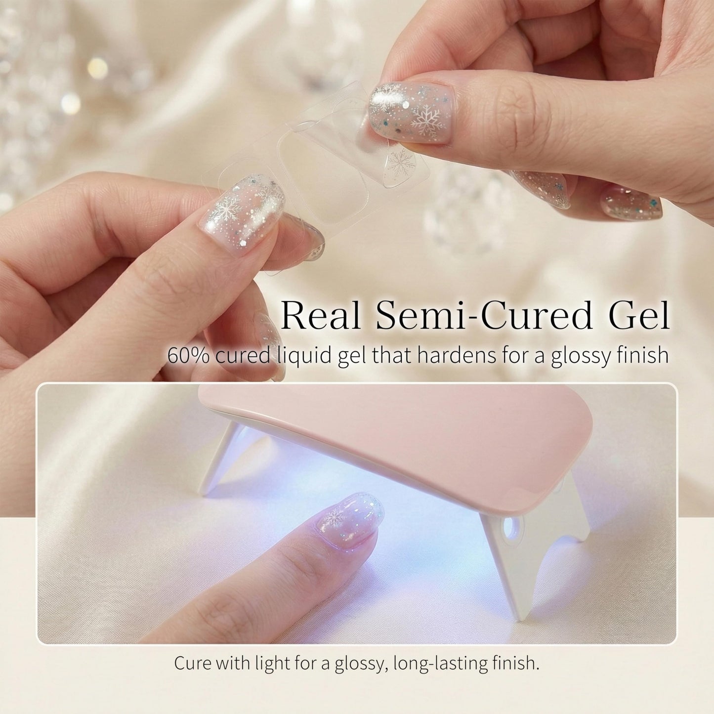 Sun&Beam Nails Nail Stickers 20pcs | UV-Cured Hard-Type Full Cover Nail Strips（#001 Crystal Snow）