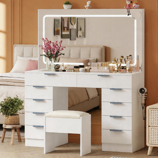 MegaChoice Makeup Vanity Desk with Mirror and Lights, 10-Drawer Storage & Power Outlet, Adjustable 3-Color Lighting, Includes Stool & Accessories for Bedroom