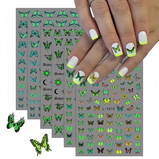 6 Sheets Luminous Butterfly Nail Art Stickers 3D Self-Adhesive Butterfly Nail Decals Holographic Butterflies Nail Art Supplies for Women Manicure Glow in The Dark Decoration Fluorescent Nail Decal