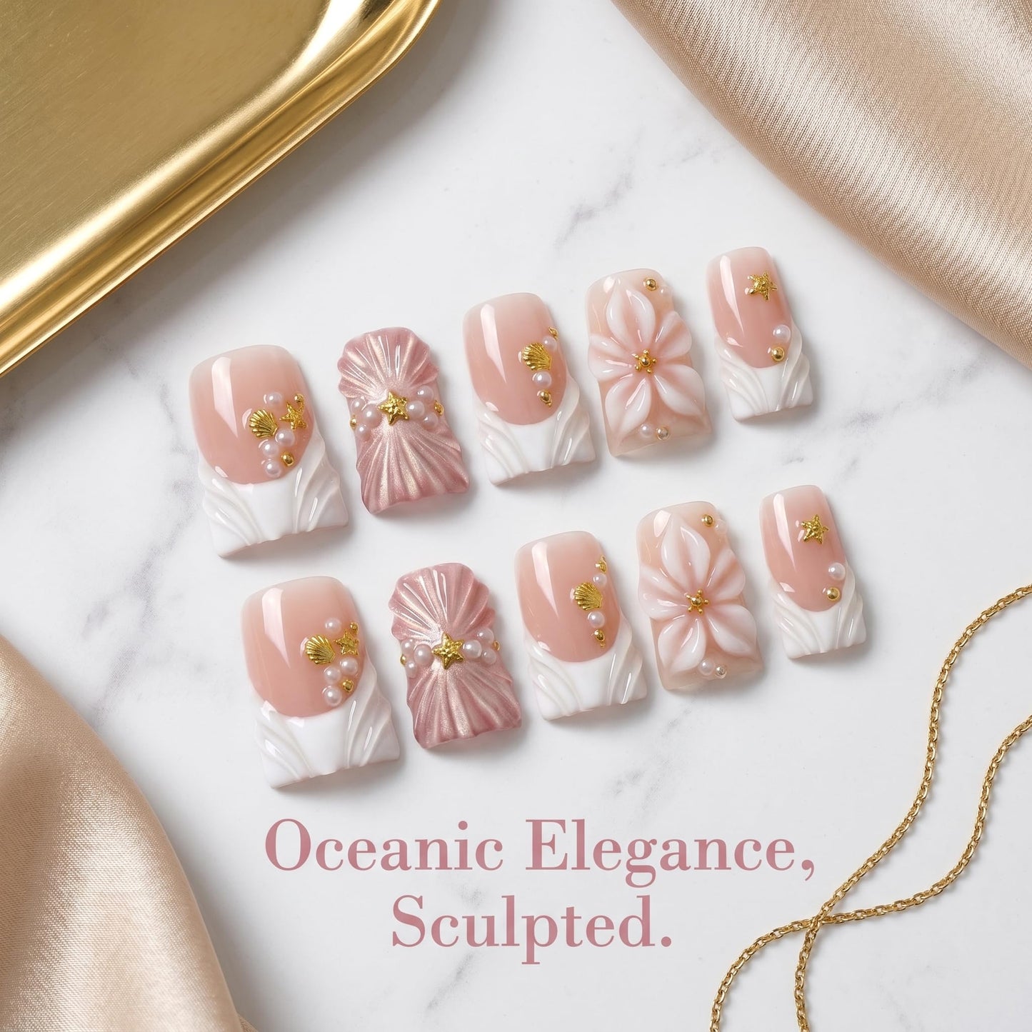 Medium Duckbill Press on Nails Luxury Handmade French Tips False Nails Summer with 3D Flower Full Cover Acrylic Nails for Women 10Pcs