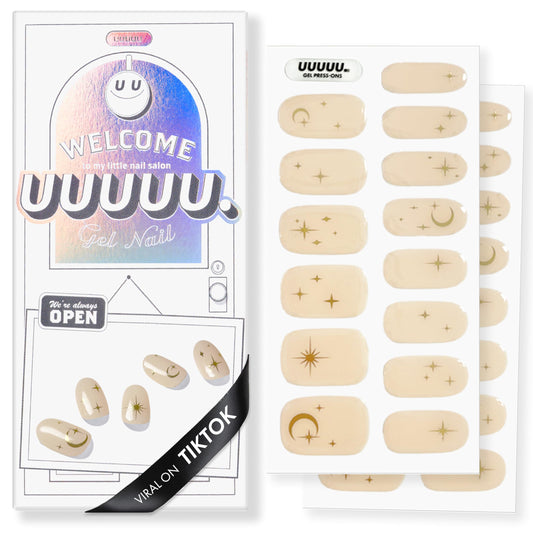 UUUUUU Semi Cured Gel Nail Strips | Salon-Quality | UV Free Gel Nail Wraps for Women | Easy Peel&Stick | Long-Lasting up to 14 Days | 28 Strips Set+File & Wipes | Gift-Ready(Luna StarUGN206)
