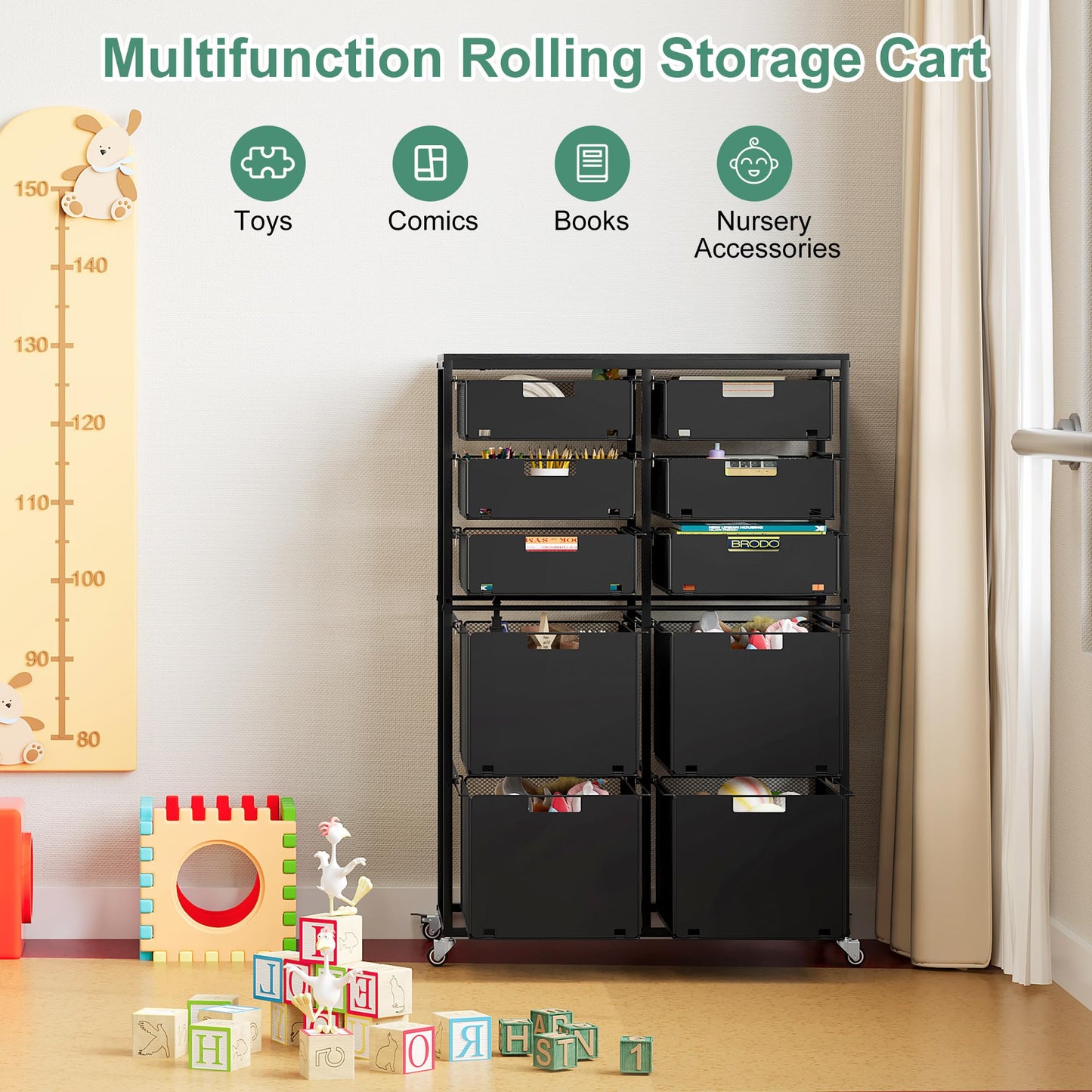 EasyPAG Rolling Cart with Drawers, 10 Drawer Multipurpose Mobile Utility Storage Craft Cart, Metal Filing Cabinet for Home Office, Black