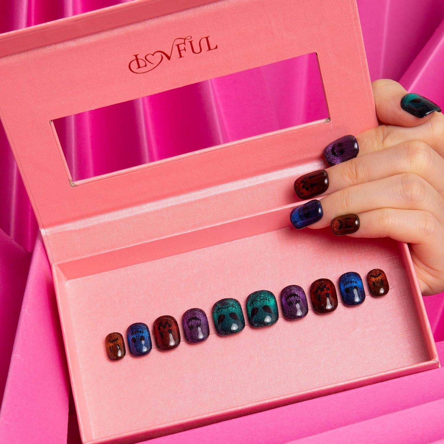 LOVFUL Press on Nails Spectral Jack-o'-lantern| Handmade with Full Covered Crystals | Reusable Fake Nails | Square Short 0.8 in | H336-M