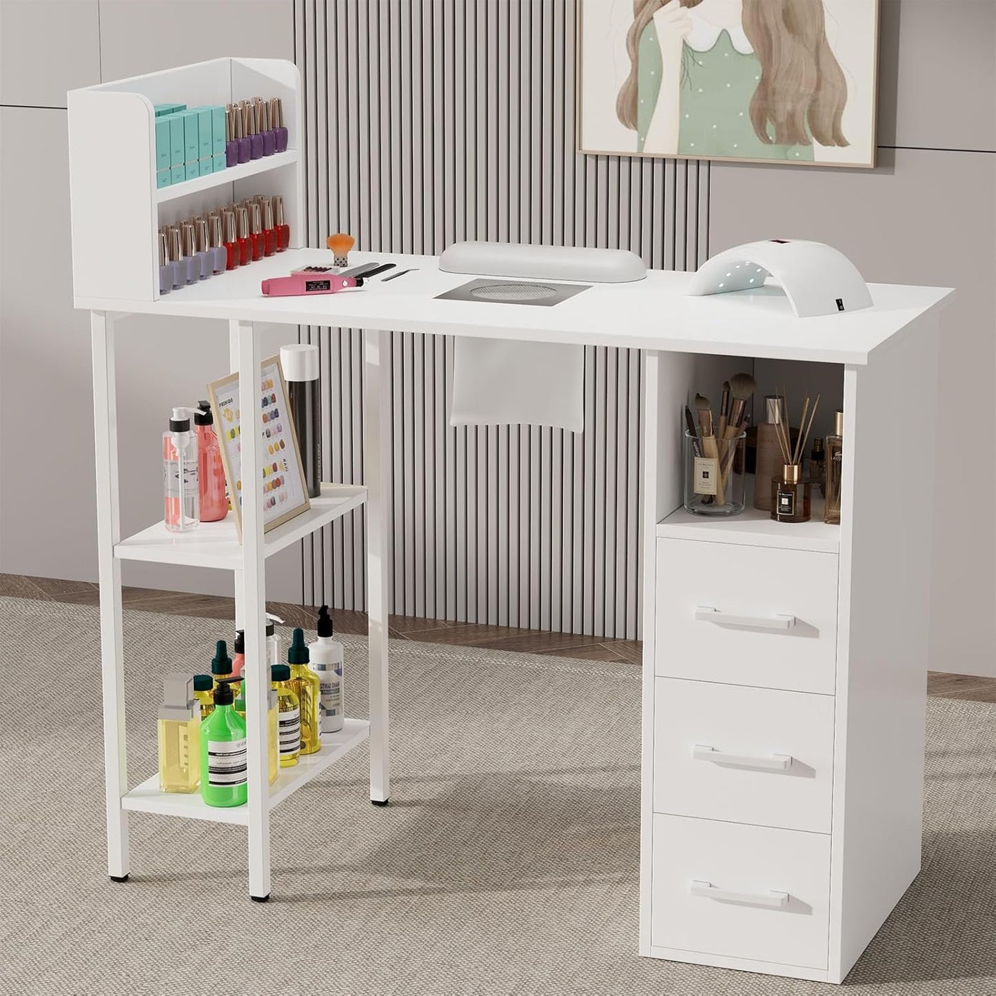 Annzoe Professional Nail Tech Desk – Nail Table for Nail Tech with Electric Dust Collector, 3 Drawers, Storage Cabinets & Shelves, White Manicure Station