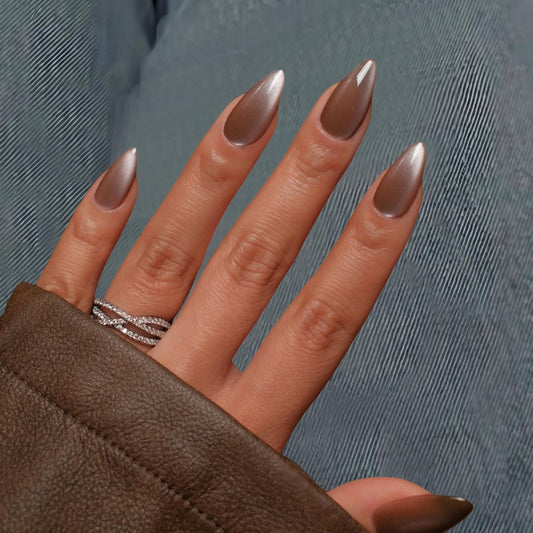 SXVME Cat Eye Dark Brown Press On Nails Medium Almond Shaped - 30 Pcs Stiletto Fake Nails Acrylic Press ons, Natural Fit, Opaque Glitter Chrome Gel Nails Stick on, Soft Gel Glue on Nails for Women