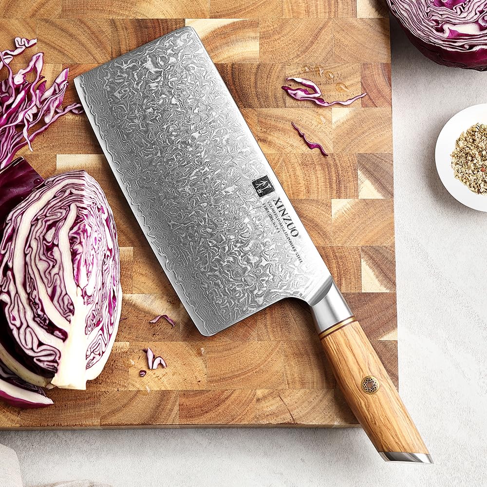 XINZUO Cleaver Knife 7.5 Inch, 73 Layer Damascus Steel Powder Steel Core Chinese Chef's Knife, Multifunction Vegetable Meat Slicing Knife with Olive Wood Handle -Lan Series