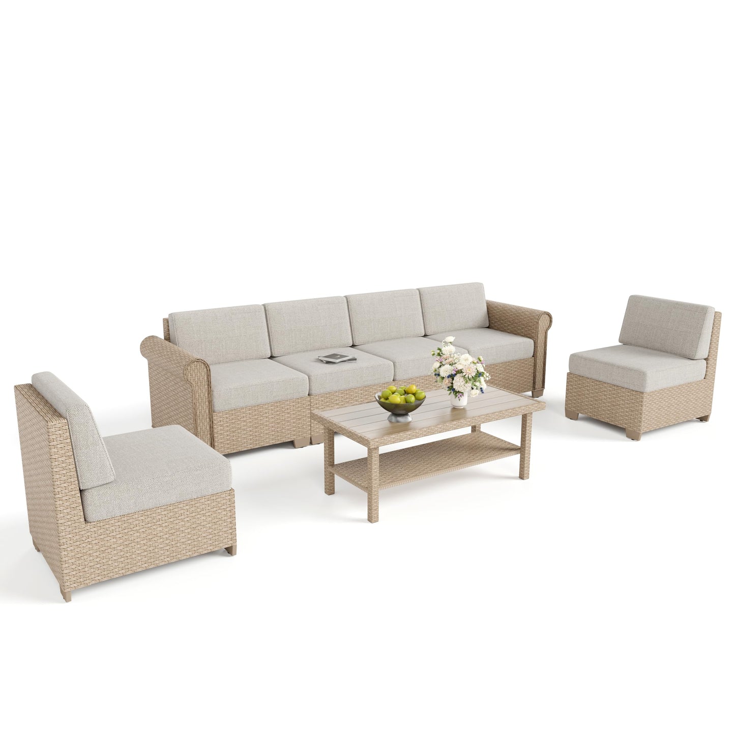 Patio Furniture Set 7 Piece, Wicker Rattan Sectional Sofa Couch with 5.5" Thick Waterproof Cushions and Coffee Table, All weather Modular Outdoor Conversation Set for Lawn Backyard and Deck, Beige