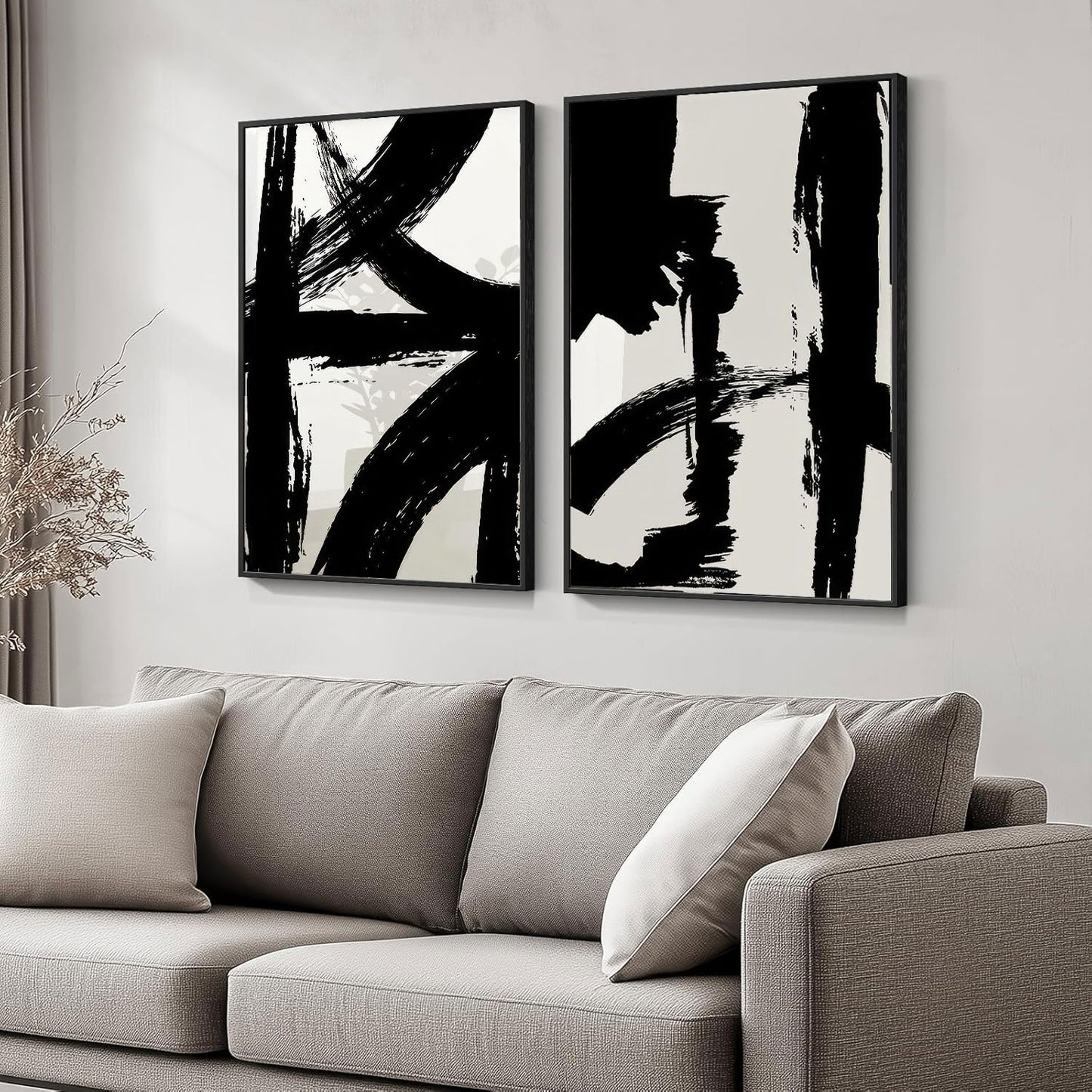 Set of 2 Framed Black and White Brush Stroke Canvas Wall Art Modern Abstract Minimalist Ink Line Painting Retro Mid-Century Geometric Poster Prints for Office Home Decor (12inx16in Framed)