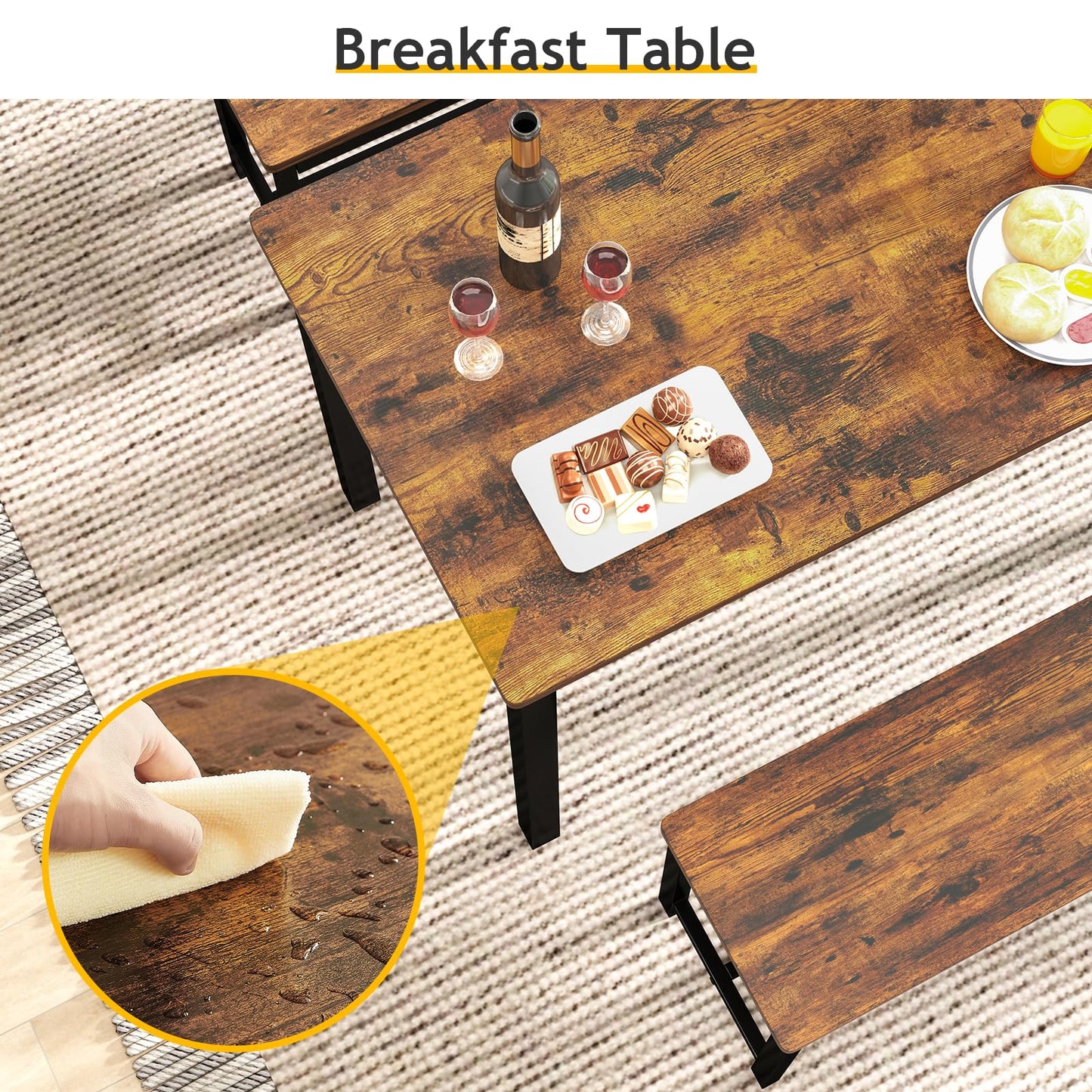 Rovibek 43" Dining Room Table Chairs Set for 4, Modern Space Saving Kitchen Table with 2 Benches & Adjustable Feet Breakfast Table, Wooden Industrial Style Farmhouse, Brown