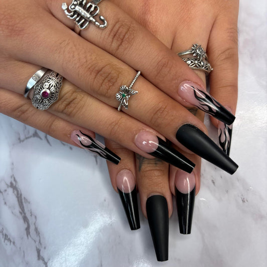 SLAYED Press-On Nails by Lavaa Beauty | Extra-Long Coffin | Black Flame Nail Tips