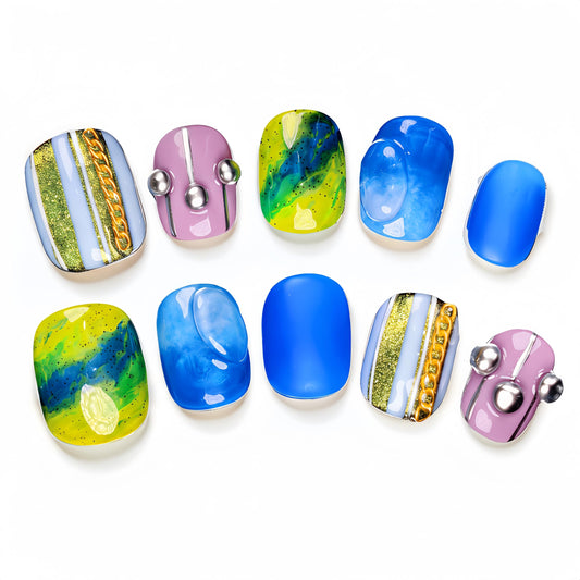 Fine Point Handmade Press-On Nails Set, Short Squoval, Funky Cobalt Blue Aura Green Swirl, 3D Stud Accent, Designer Artistic Novelty, Pop-Star Showgirl, Cosmic Coquette Mothers Day Gifts (Size Small)