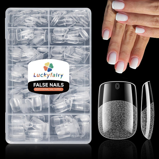 Luckyfairy Square Nail Tips: 240Pcs Short Squoval Soft Gel Tips, Pre-Etched Full Cover Gelly Fake Nails, No Filing Needed, Thin Cuticle & Thick Tip Clear Extension System for DIY Home Salon 12 Sizes