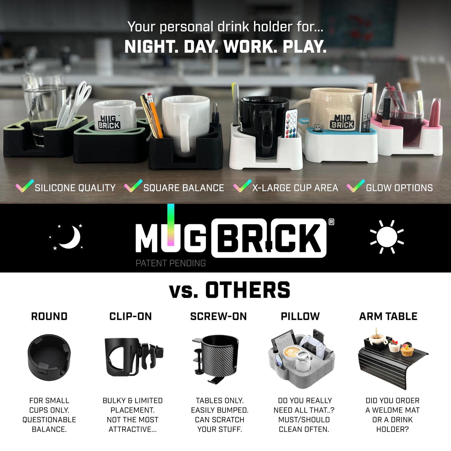 MugBrick Glowing Portable Silicone Cup Holder for Bed, Couch, Nightstand. Dishwasher Safe, Non-Spill Drink Holder for Bedside Table, Ottoman. White + Blue Glow