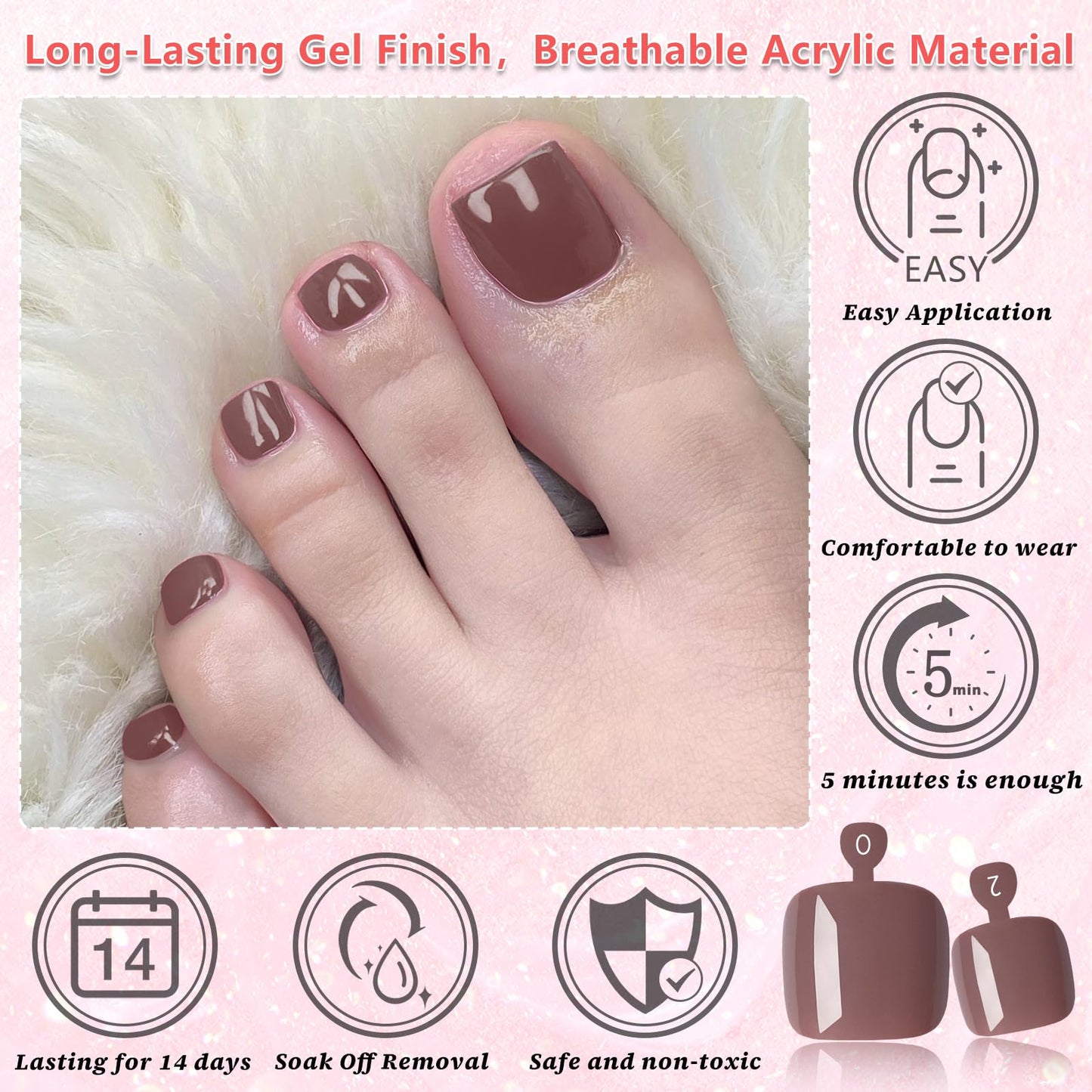 EternalClassic 144pc Press on Toenails for Women Toe Nail Press ons Short Square with Glue&Jelly Glue, Brown Fake Toe Nails Glue on Toe Nails, Full Cover Acrylic Artificial Toe Press on Nails